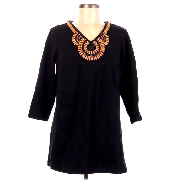LINEA by Louis Dell’Olio Black w Wooden Beads Tunic, Swim Cover or Mini Dress M - Picture 1 of 8